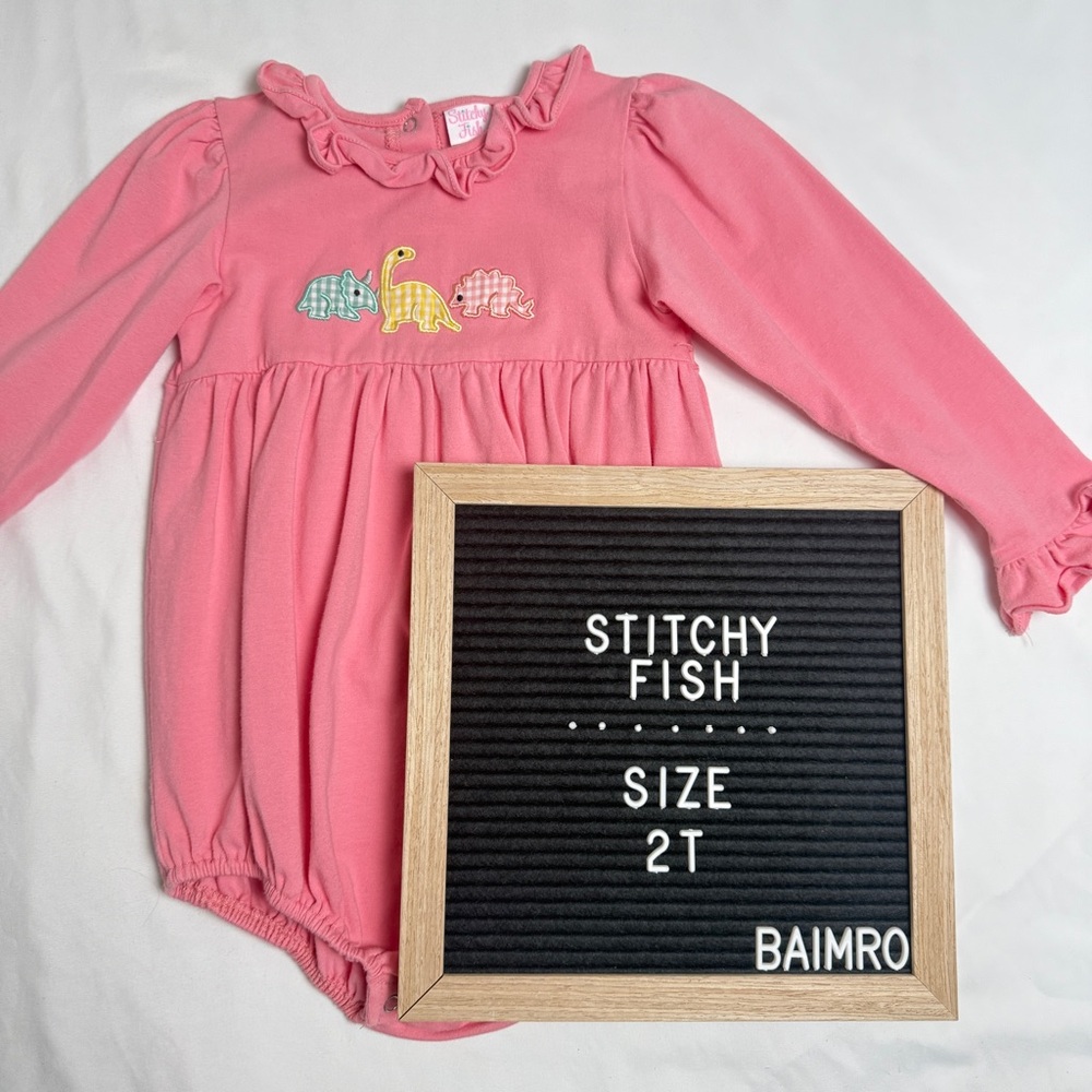 Stitchy Fish Dino Trio applique bubble, pink with dinosaurs & ruffles size 2T